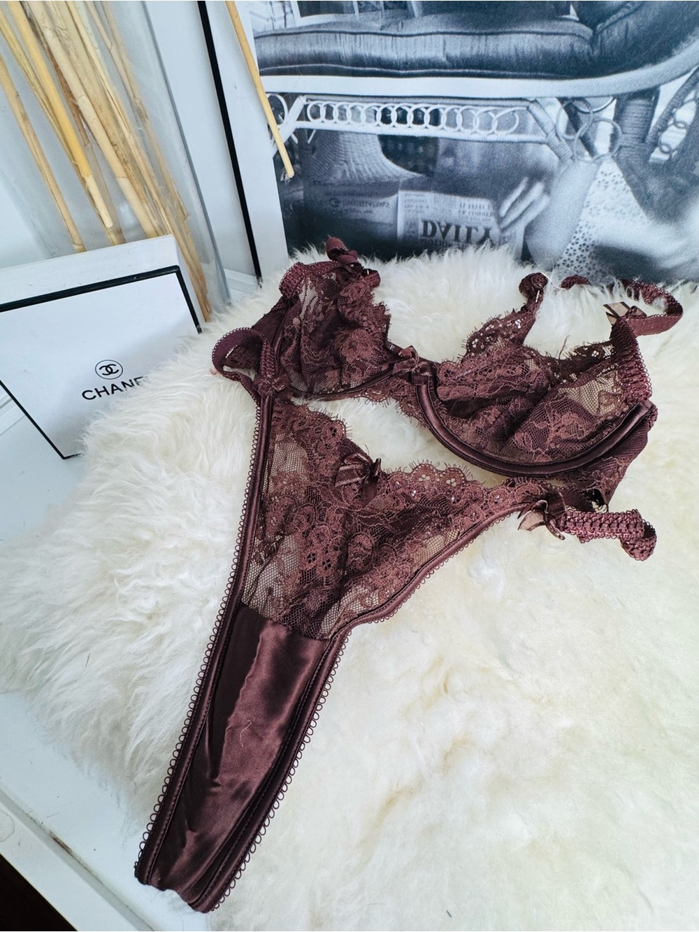 Lounge Lace & Satin Thong Bra Set - Burgundy